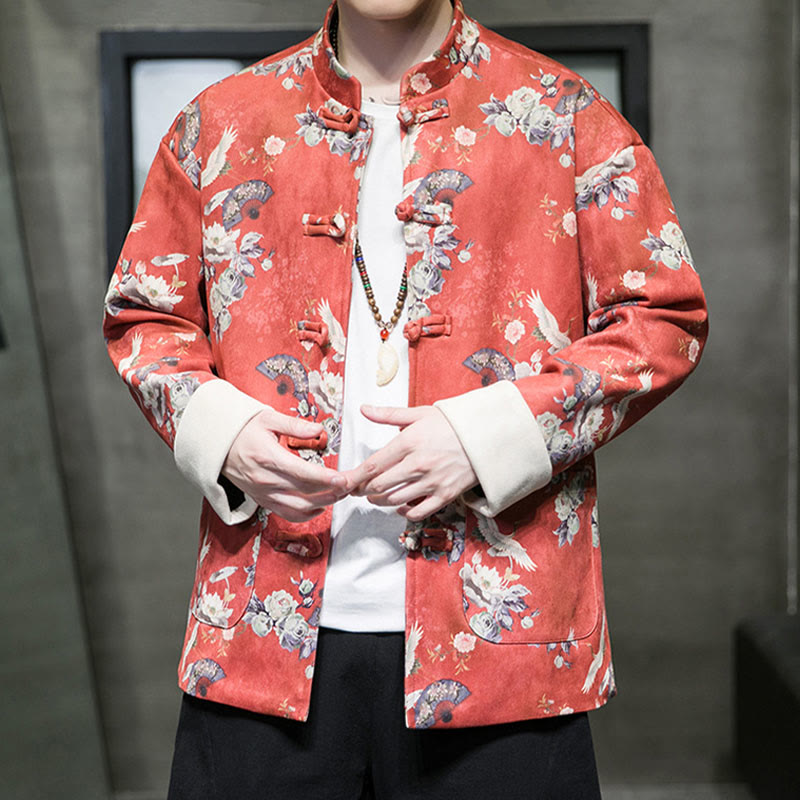 Chinese New Year Clothes Flowers Fan Birds Frog-button Tang Suit Cotton Men's Jacket Shirt With Pockets