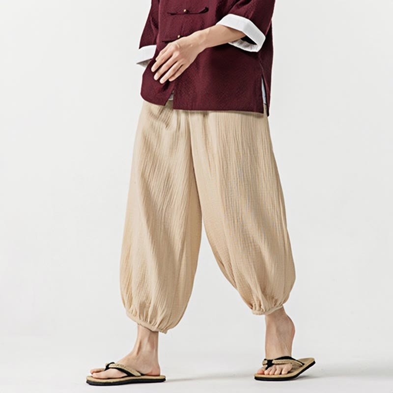 Soft Solid Color Drawstring Cotton Men's Pants With Pockets
