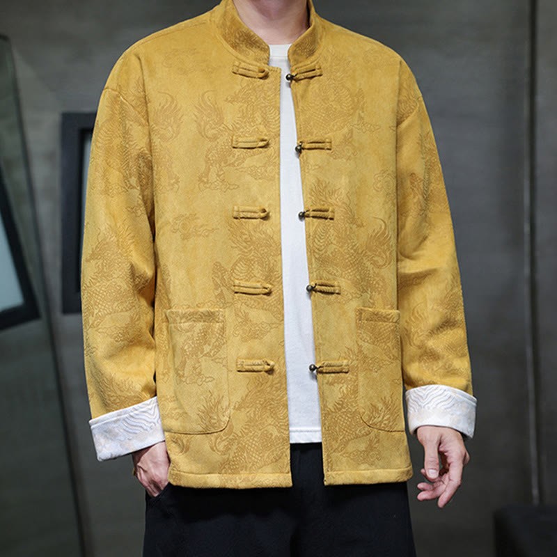 Chinese New Year Kirin Print Frog-button Tang Suit Men's Jacket Shirt With Pockets
