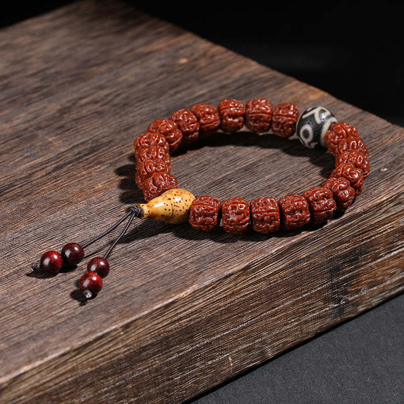 Tibet Rudraksha Bodhi Seed Dzi Bead Lucky Cat Dancing Lion Wealth Bracelet Wrist Mala