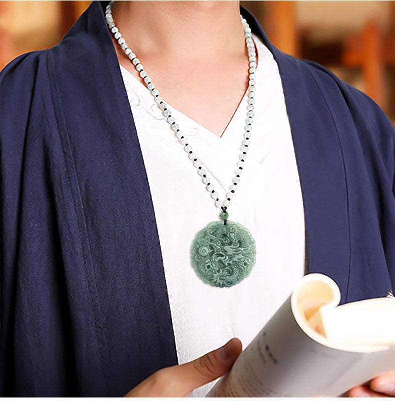 Chinese Zodiac Dragon Jade Fortune Necklace String Pendant