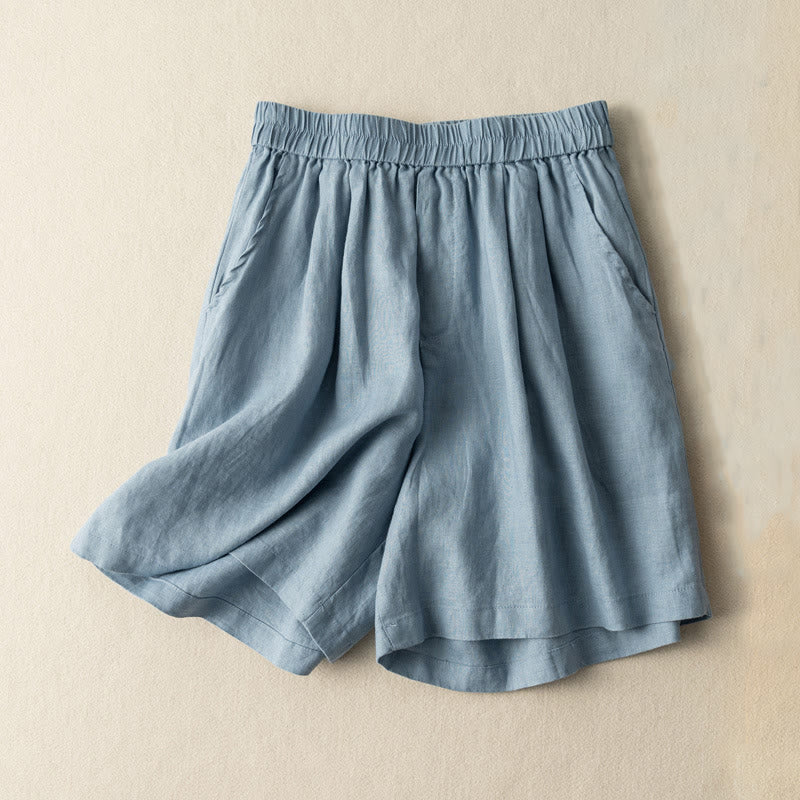 Casual Plain Color Cotton Linen Women's Shorts With Pockets