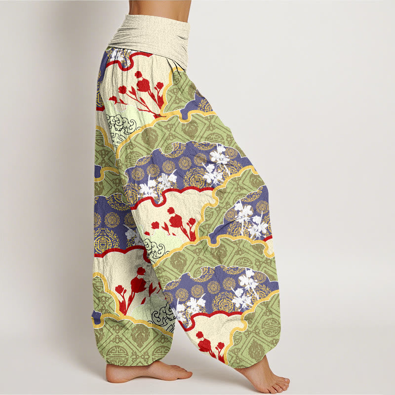 Chinese Fan-shaped Diamond Pattern Design Women's Elastic Waist Harem Pants
