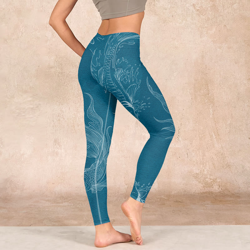 Blue Koi Fish Flowing Waves Print Gym Leggings Women's Yoga Pants
