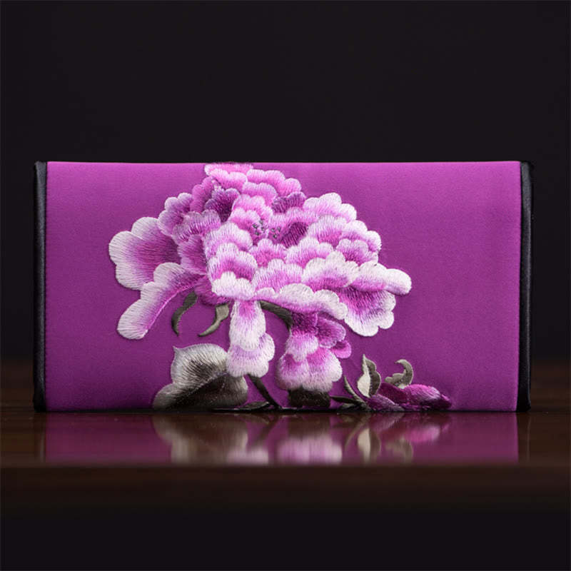 Peony Flower Su Embroidery Journey Shopping Long Purse Handbag