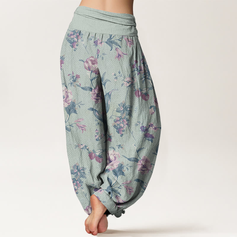 Casual Pink Flowers Pattern Women's Elastic Waist Harem Pants