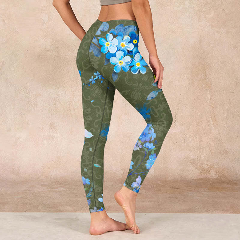 Blue Flowers Butterflies Print Gym Leggings Women's Yoga Pants