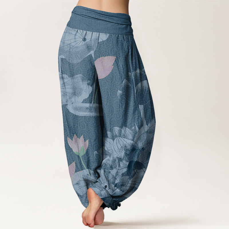 Pink And White Lotus Women's Elastic Waist Harem Pants