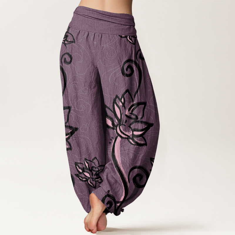 Casual Lotus Auspicious Clouds Design Women's Elastic Waist Harem Pants