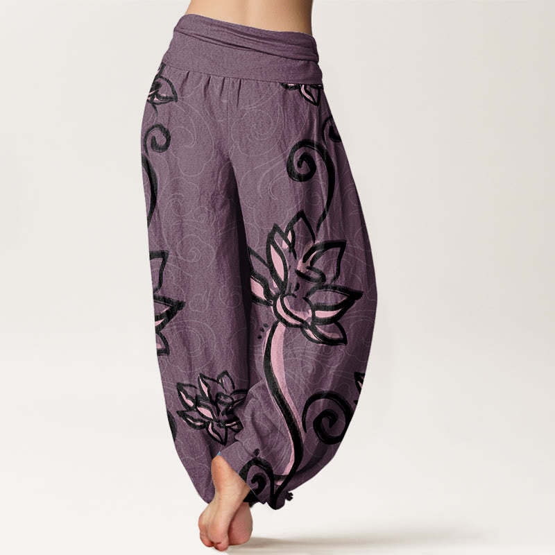 Casual Lotus Auspicious Clouds Design Women's Elastic Waist Harem Pants