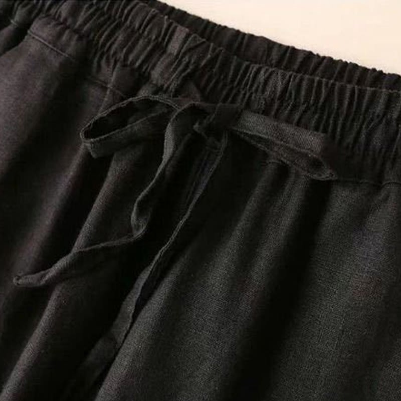 Casual Cotton Linen High Waist Lace-up Wide Leg Pants With Pockets