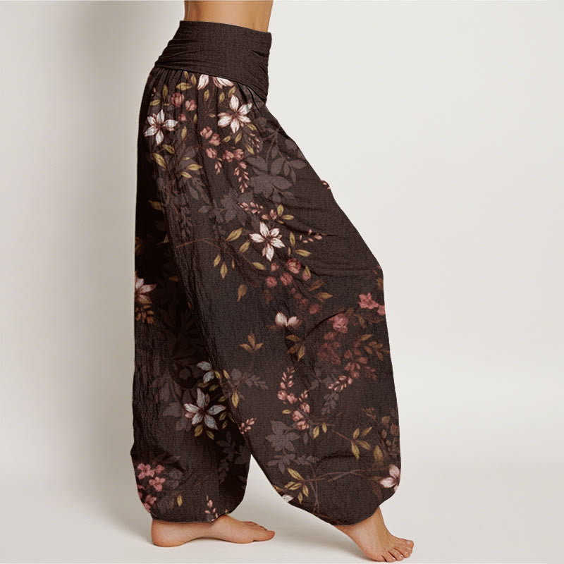 Small White Blossoms Green Leaves Women's Elastic Waist Harem Pants