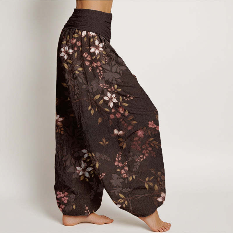 Small White Blossoms Green Leaves Women's Elastic Waist Harem Pants