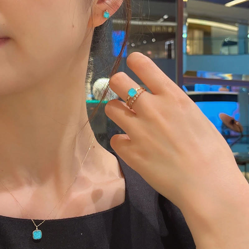 925 Sterling Silver Plated Gold Turquoise Protection Ring Earrings Necklace Pendant Set