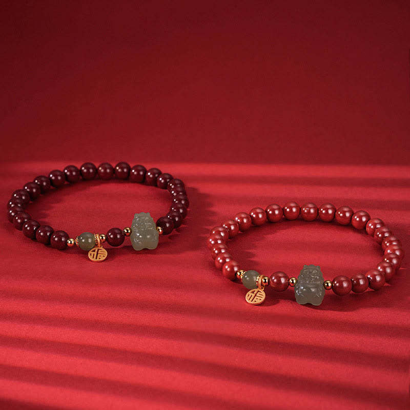 925 Sterling Silver Year of the Dragon Natural Cinnabar Hetian Jade Dragon Fu Character Ruyi As One Wishes Charm Blessing Bracelet (Extra 30% Off | USE CODE: FS30)