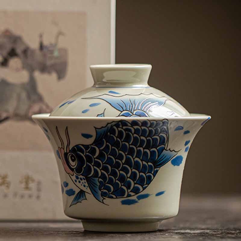 Koi Fish Arowana Ceramic Gaiwan Sancai Teacup Kung Fu Tea Cup With Lid 130ml