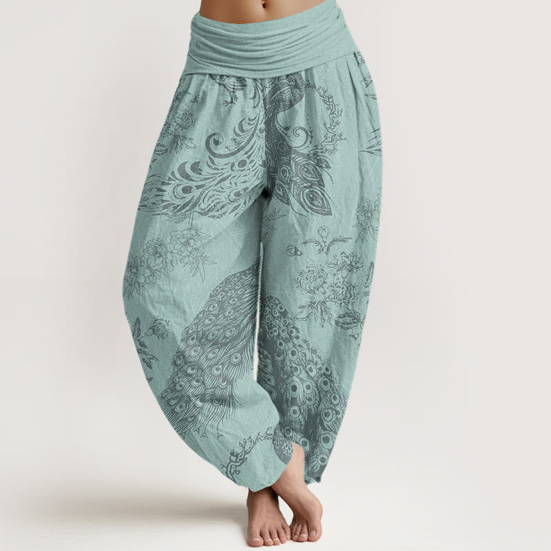Casual Peacock Peony Flower Women's Elastic Waist Harem Pants