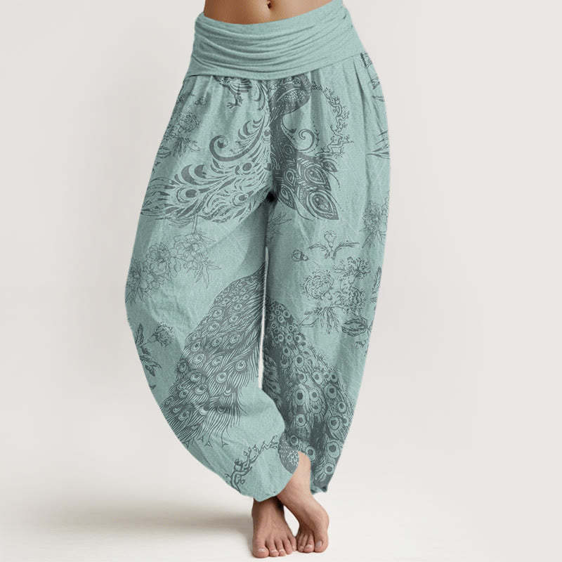 Casual Peacock Peony Flower Women's Elastic Waist Harem Pants