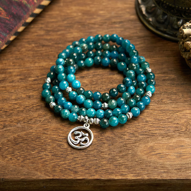 108 Mala Beads Apatite Bead Om The Tree Of Life Lotus mystic zen Bracelet