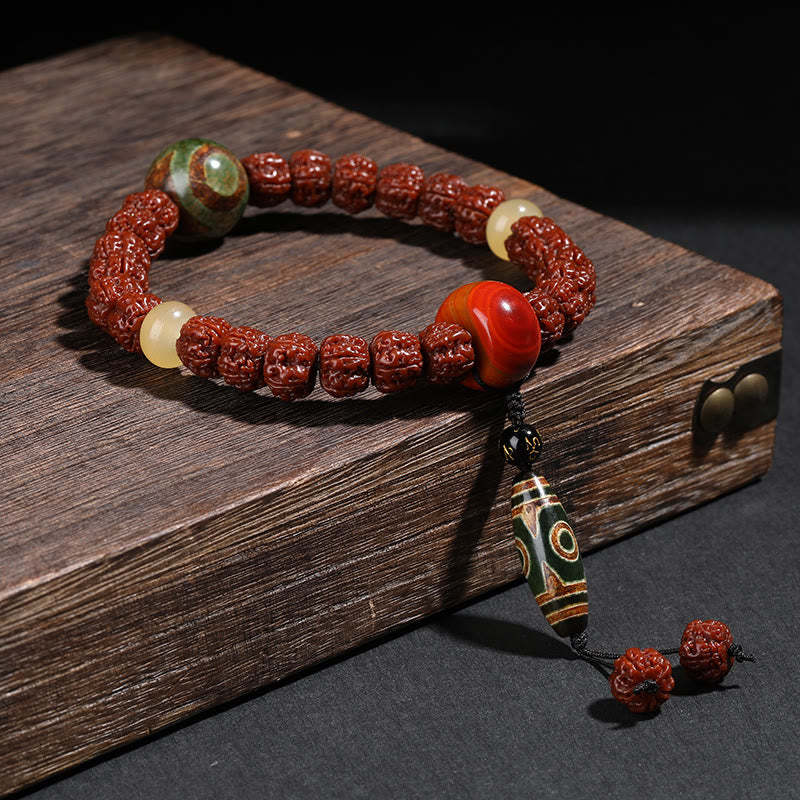 Tibet Rudraksha Bodhi Seed Dzi Bead Lucky Cat Dancing Lion Wealth Bracelet Wrist Mala