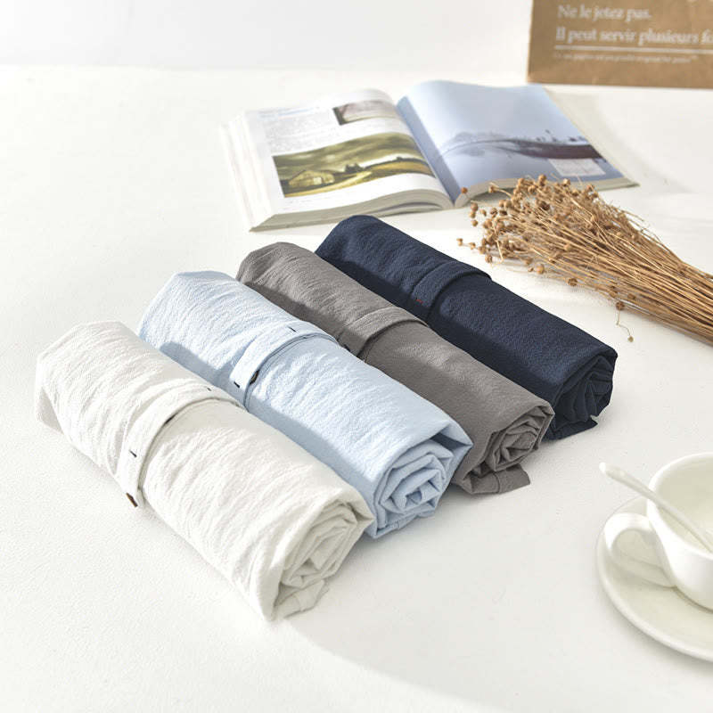 Solid Color Short Sleeve Half Button Shirt Cotton Linen Men Clothing