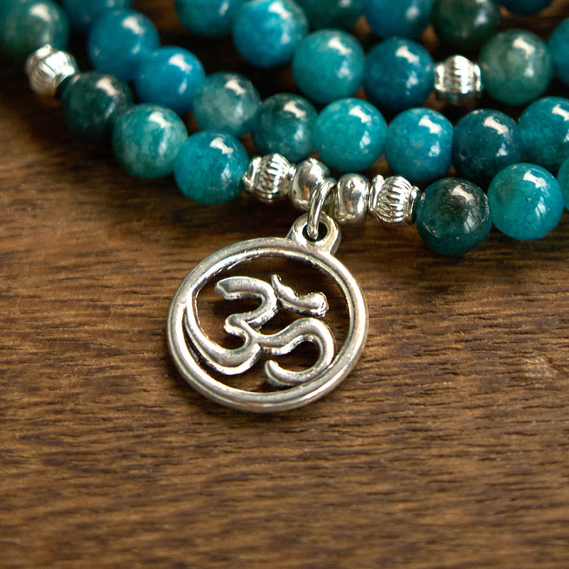 108 Mala Beads Apatite Bead Om The Tree Of Life Lotus mystic zen Bracelet