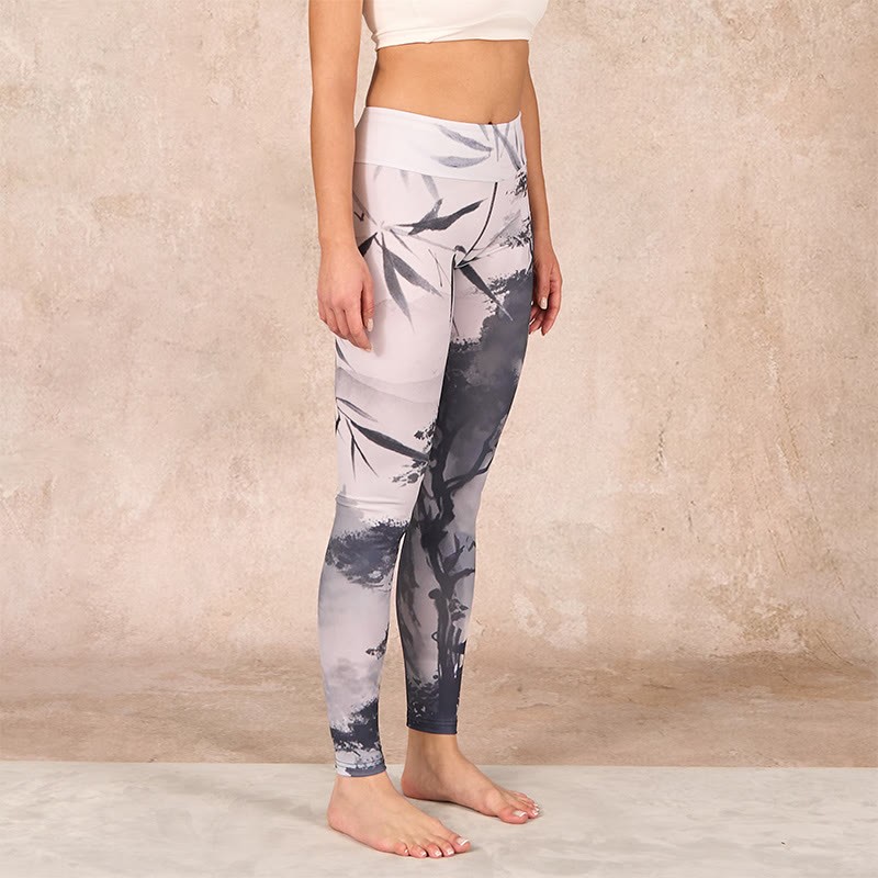 Ink Bamboo Pine Mountains Print Gym Leggings Women's Yoga Pants