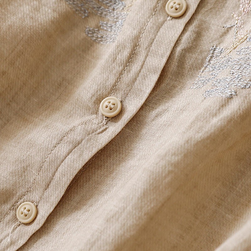 Casual Embroidered Plant Stand Collar Design Three Quarter Sleeve Women's Cotton Linen Shirt
