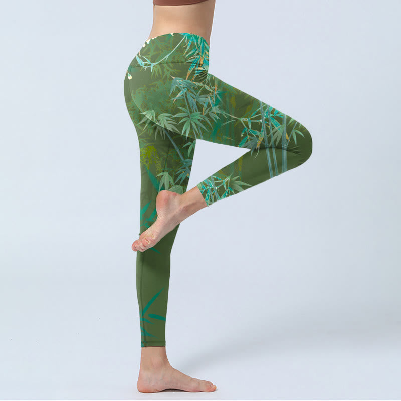 Green Bamboo Rock Flower Print Gym Leggings Women's Yoga Pants