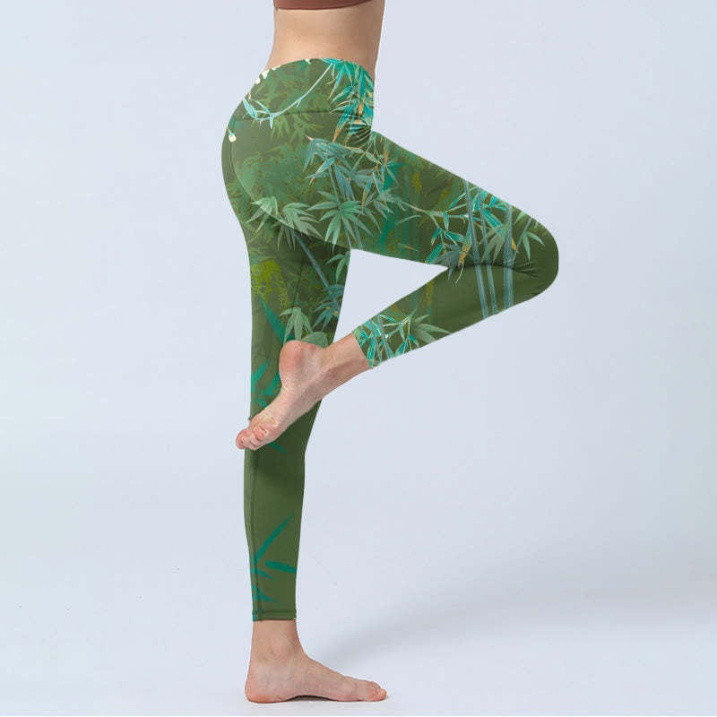 Green Bamboo Rock Flower Print Gym Leggings Women's Yoga Pants
