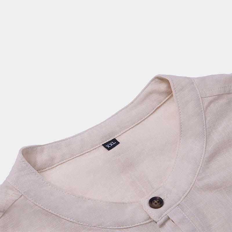 Men's Summer Solid Color Short Sleeve Half Button Cotton Linen Shirt