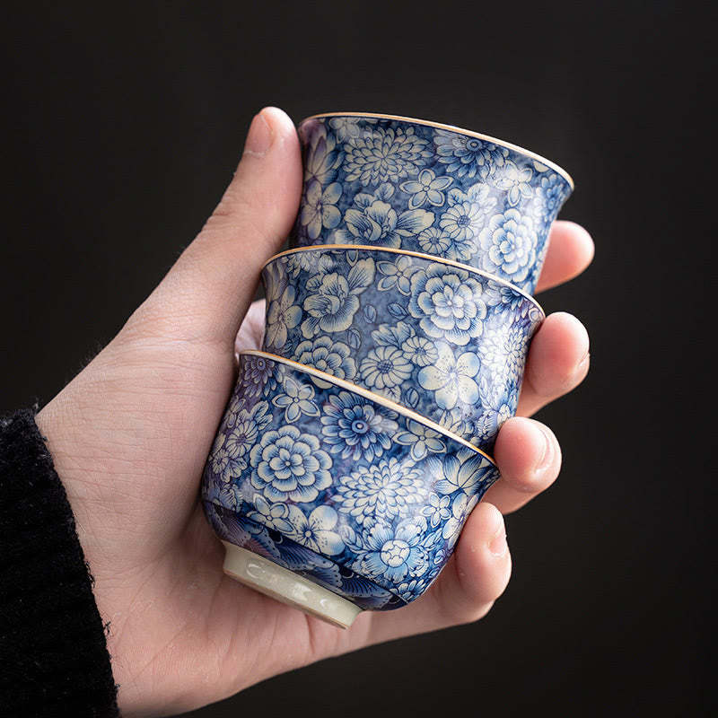 Vintage Lotus Peony Plum Blossom Chrysanthemum Ceramic Teacup Tea Cups