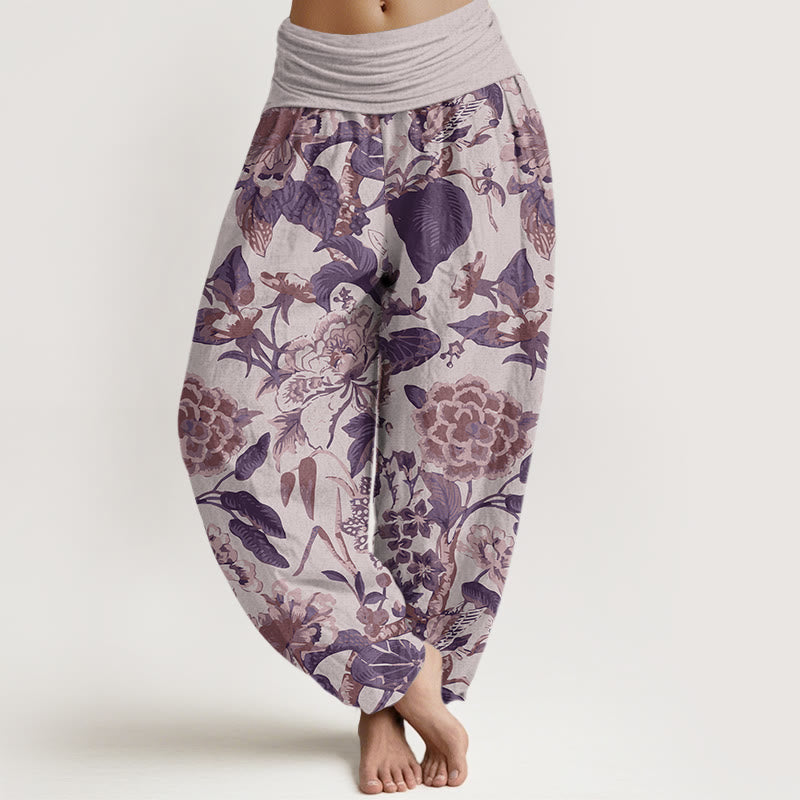 Lotus Leaf Peony Pattern Women's Elastic Waist Harem Pants