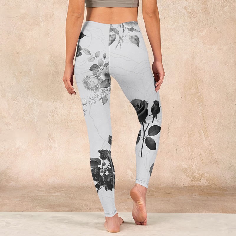 Black White Rose Gym Leggings Women's Yoga Pants