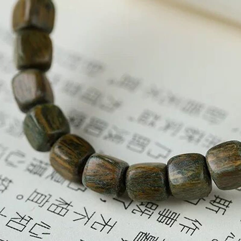Green Sandalwood Ebony Om Mani Padme Hum Engraved Peace Triple Wrap Bracelet