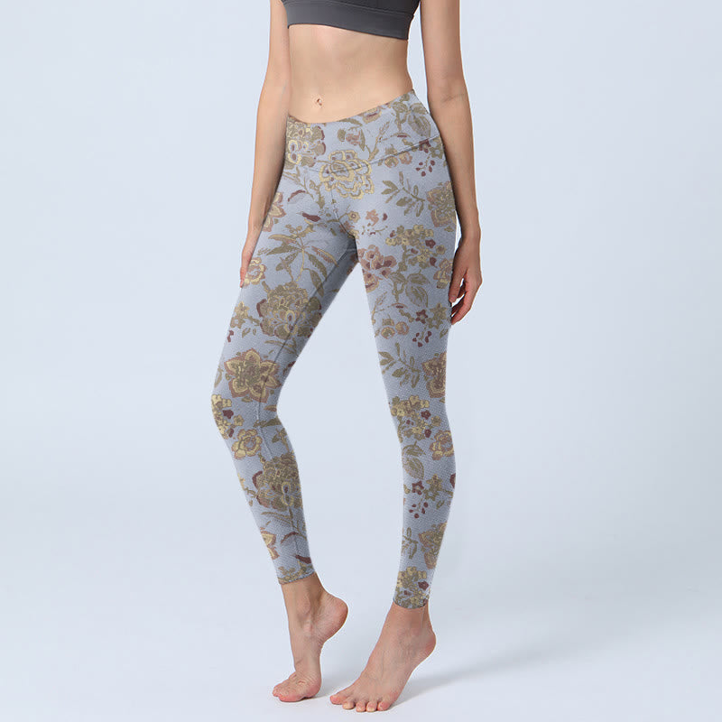 Grey Green Leaves Flowers Print Gym Leggings Women's Yoga Pants