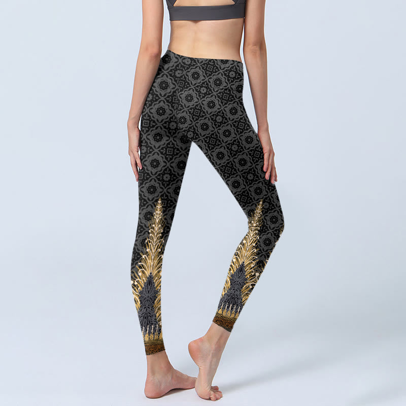 Dark Gray Geometric Gold Feather Print Gym Leggings Women's Yoga Pants