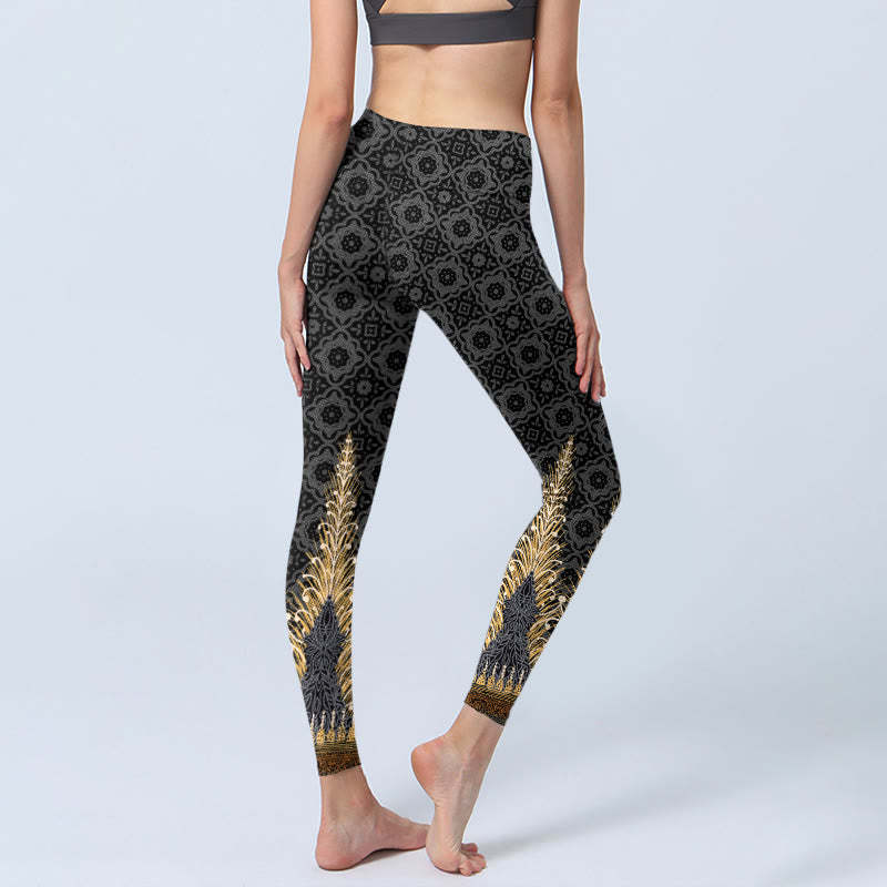 Dark Gray Geometric Gold Feather Print Gym Leggings Women's Yoga Pants