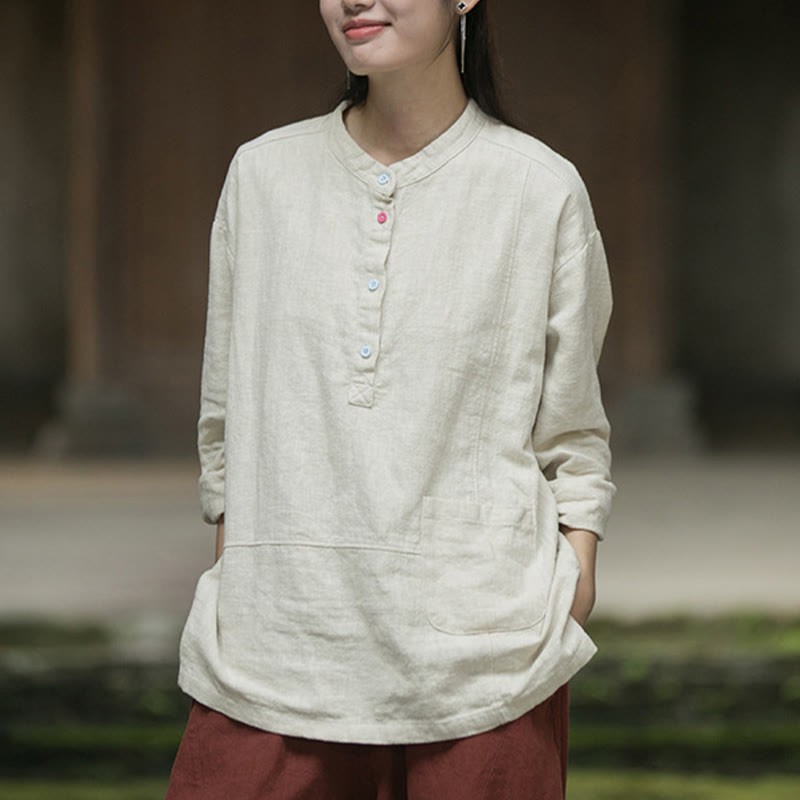 Solid Color Long Sleeve Ramie Linen Half Button Women's Shirt