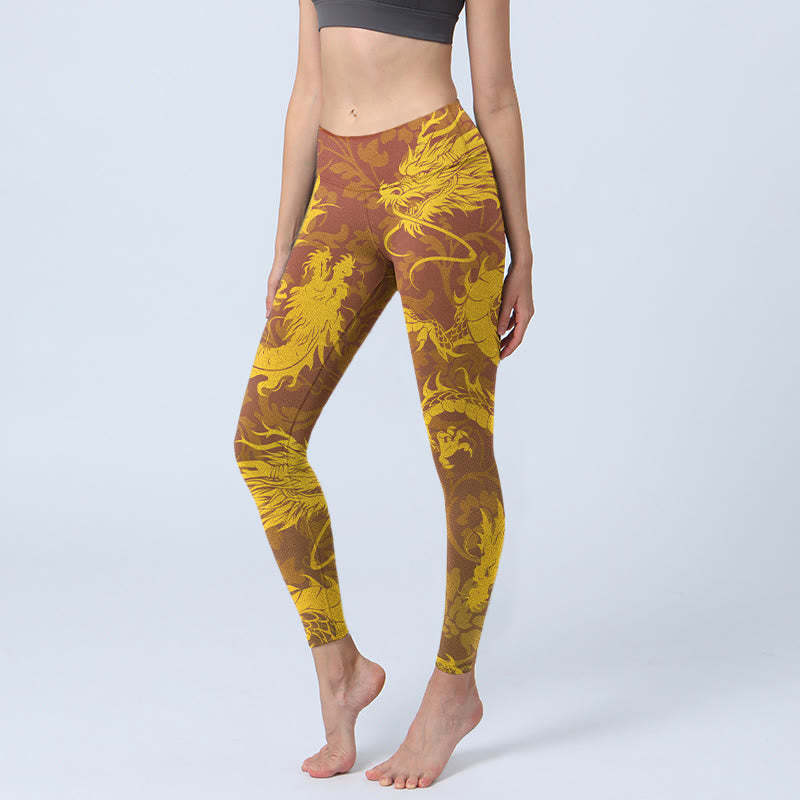 Golden Dragon Flowers Print Gym Leggings Women's Yoga Pants
