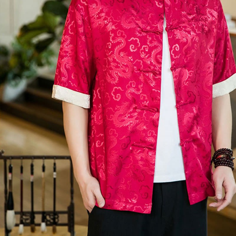 Chinese Tang Suit Frog-button Dragon Print Men's Half Sleeve Shirts