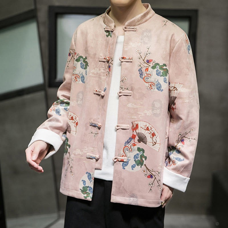 Chinese New Year Clothes Flowers Dragon Fan Auspicious Clouds Frog-button Tang Suit Cotton Men's Jacket Shirt