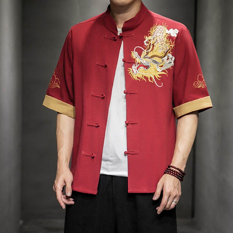 Frog-Button Chinese Dragon Auspicious Cloud Embroidery Half Sleeve Shirt Cotton Linen Men Clothing