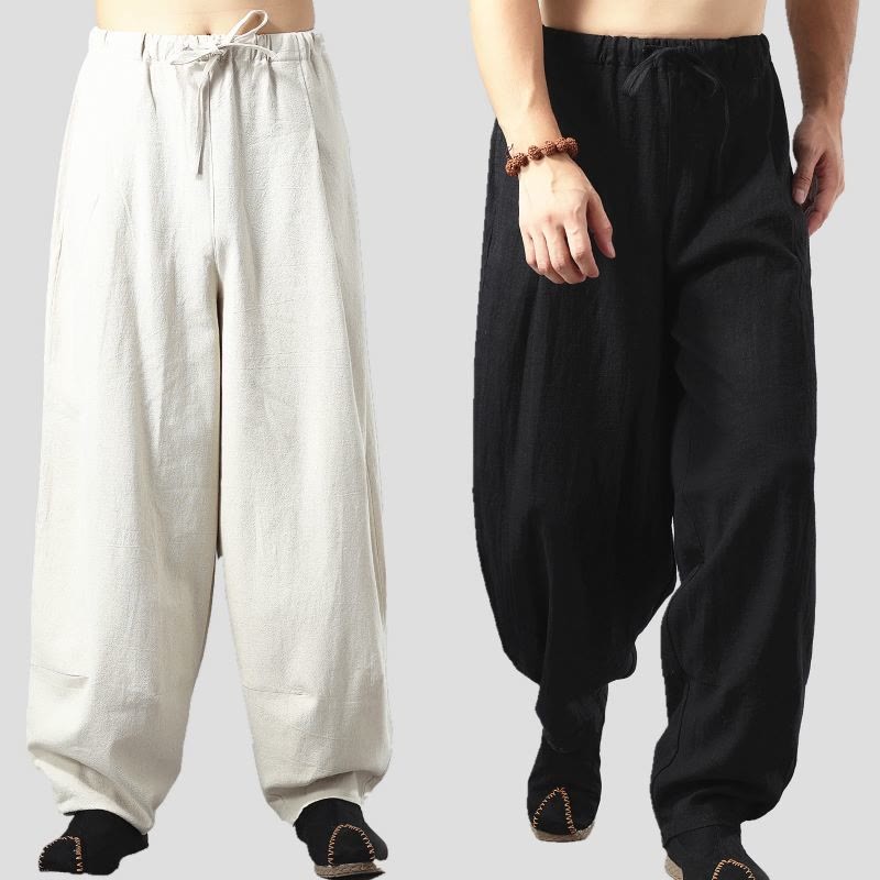 Casual Solid Color Drawstring Cotton Linen Men's Pants With Pockets