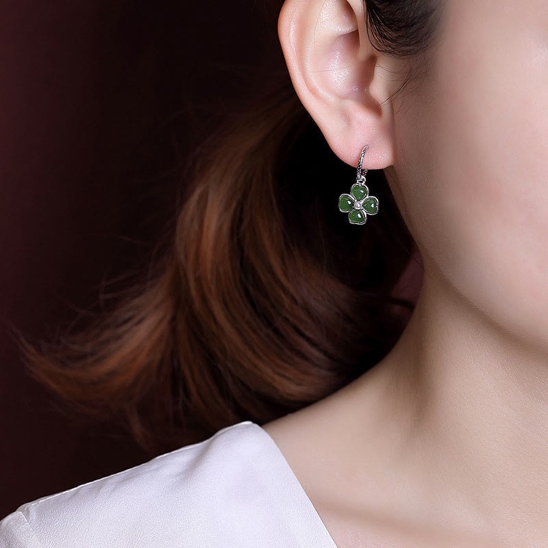 925 Sterling Silver Natural Cyan Jade Four Leaf Clover Luck Success Earrings