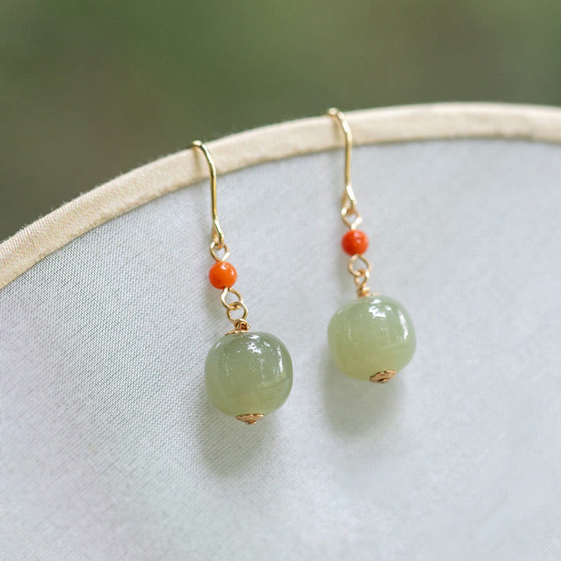 925 Sterling Silver 14K Gold Plated Hetian Jade Red Agate Luck Drop Dangle Earrings