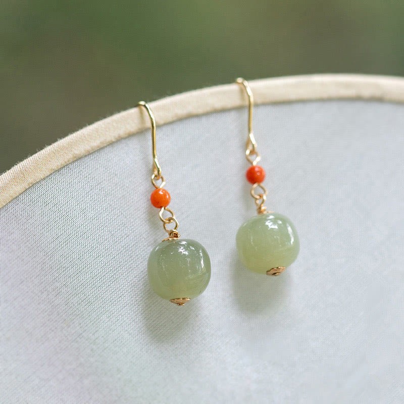 925 Sterling Silver 14K Gold Plated Hetian Jade Red Agate Luck Drop Dangle Earrings