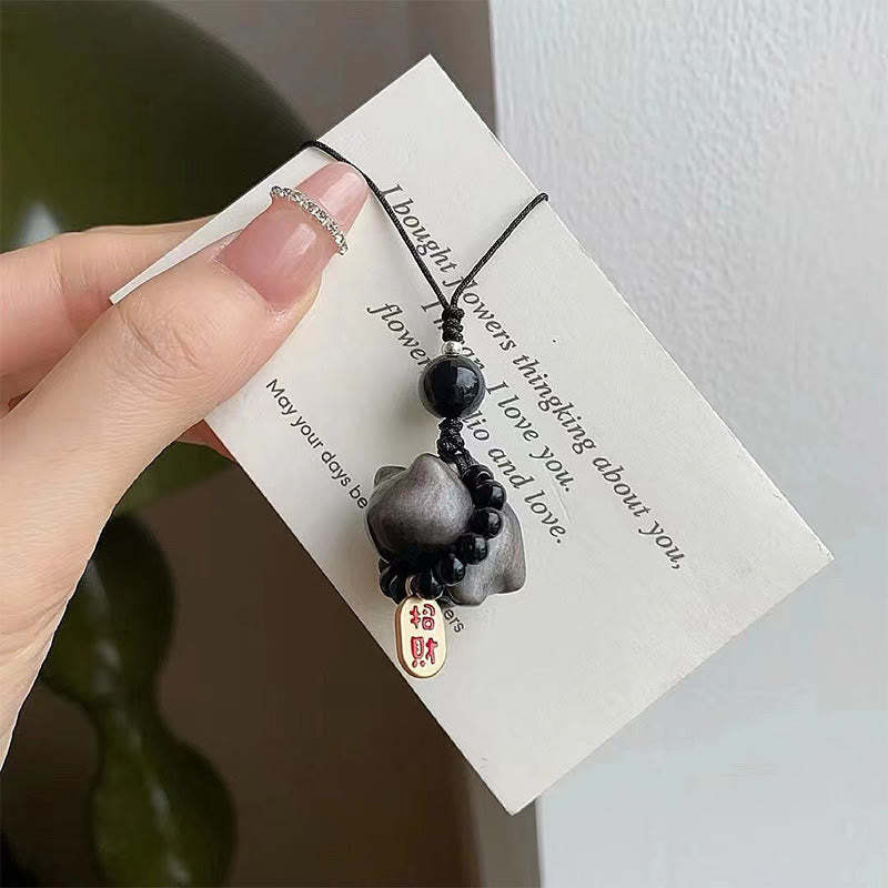 Silver Sheen Obsidian Black Obsidian Gold Sheen Obsidian Cute Cat Fu Character Protection Key Chain Phone Hanging Decoration