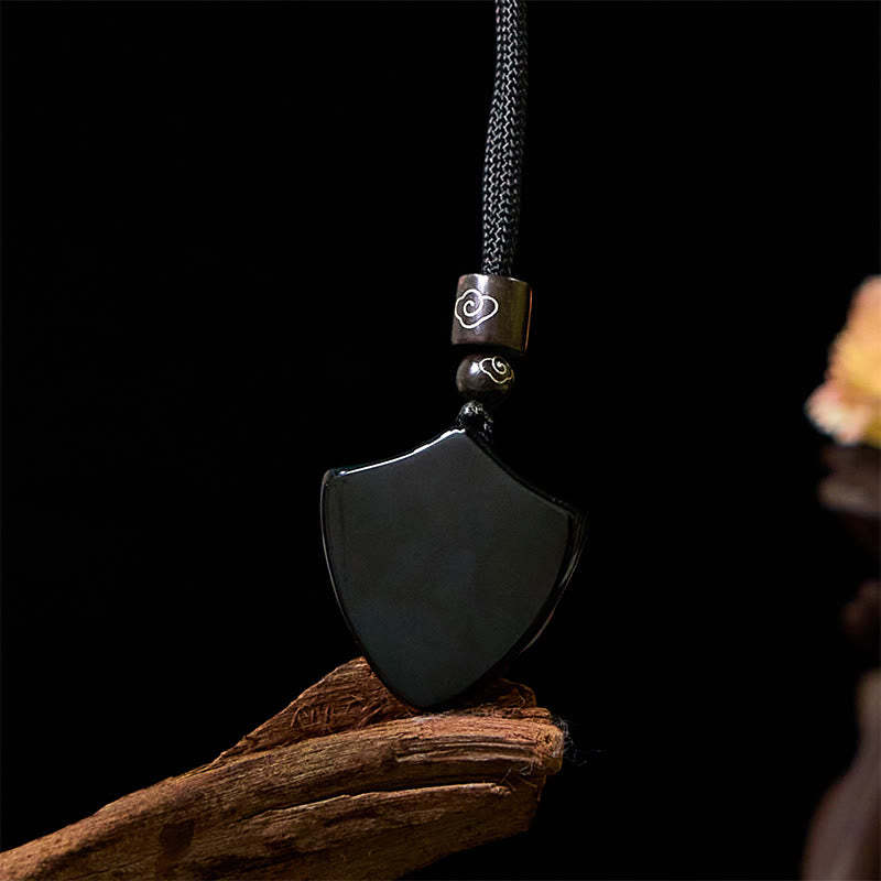 Black Obsidian Shield Pattern Yin Yang Symbol Strength Necklace Pendant