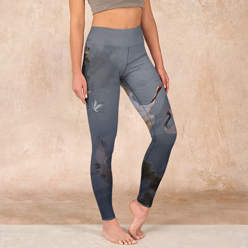 Auspicious White Crane Pine Tree Print Gym Leggings Women's Yoga Pants